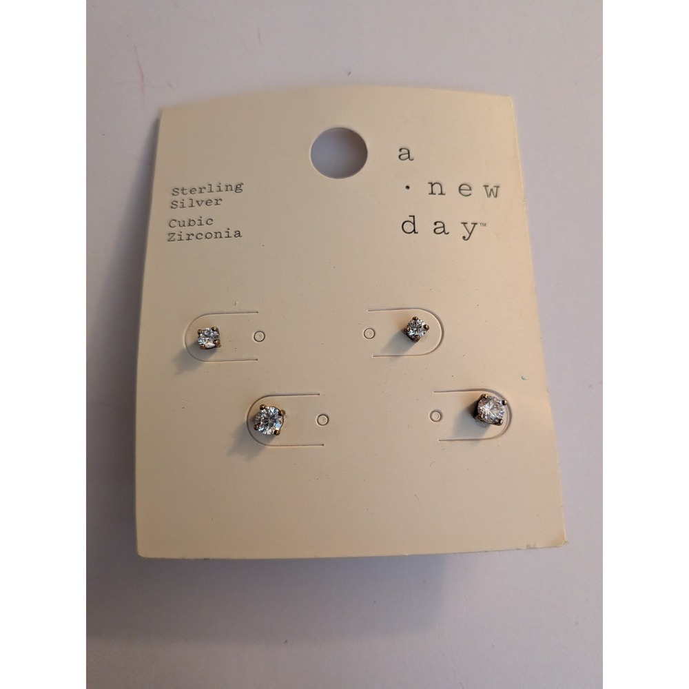 A New Day Sterling Silver Cubic Zirconia Stud Earring Set 2 Pairs Nickel Free